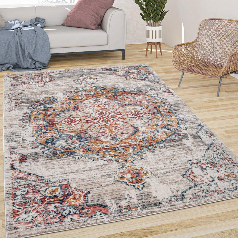 Modern Vintage Rug Oriental Look Abstract Beige Grey Orange