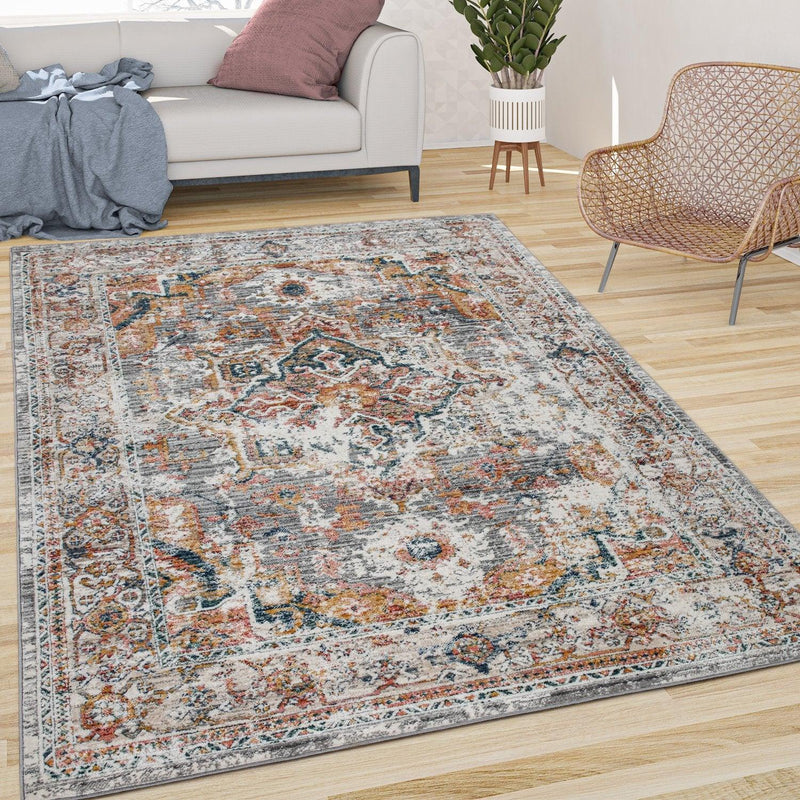 Vintage Rug Oriental Ornaments Border Cream Grey Orange