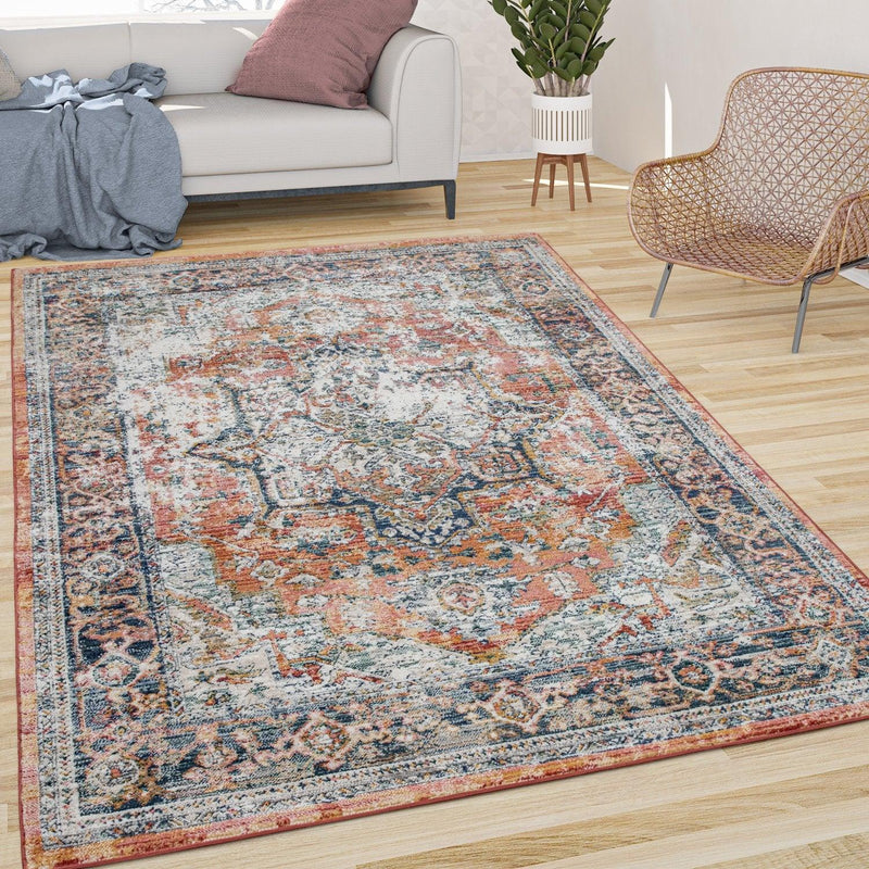 Vintage Rug Oriental Ornaments Border Red Blue Grey