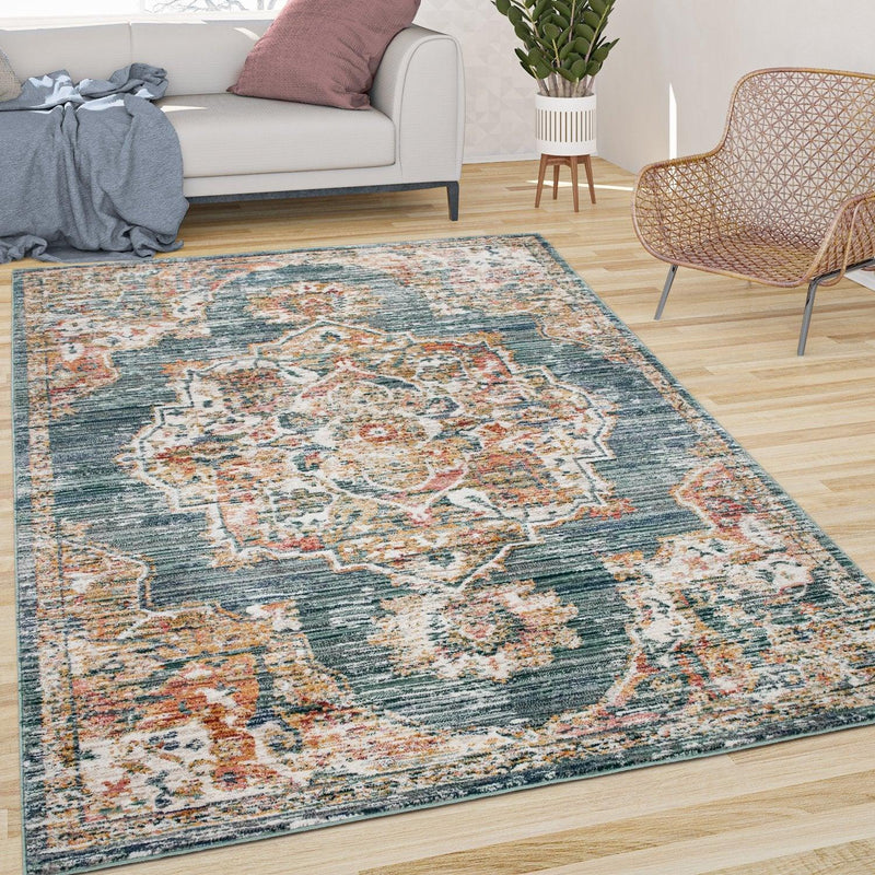 Vintage Rug Oriental Ornaments With Border Blue Green Multicolor
